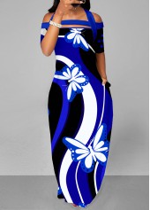 Butterfly Print Double Side Pockets Royal Blue Dress