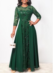 Sequin Lace Blackish Green Round Neck Maxi Dress