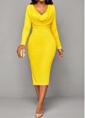 V Neck Split Yellow Long Sleeve Bodycon Dress