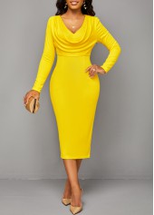 V Neck Split Yellow Long Sleeve Bodycon Dress