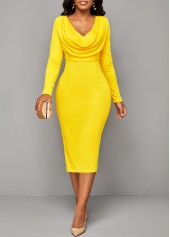 V Neck Split Yellow Long Sleeve Bodycon Dress