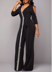 Metal Ring Black Cold Shoulder V Neck Jumpsuit