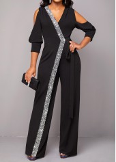Metal Ring Black Cold Shoulder V Neck Jumpsuit