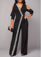Metal Ring Black Cold Shoulder V Neck Jumpsuit