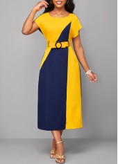 Patchwork Belted Navy H Shape Round Neck Dress