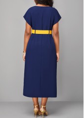 Patchwork Belted Navy H Shape Round Neck Dress