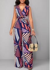 Striped Belted Multi Color V Neck Jumpsuit