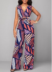 Striped Belted Multi Color V Neck Jumpsuit