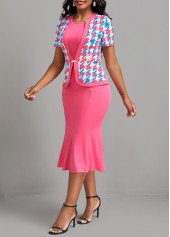 Houndstooth Print Button Hot Pink Bodycon Dress