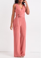 Tie Belted Dusty Pink Long V Neck Jumpsuit