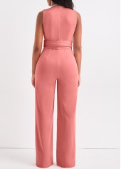 Tie Belted Dusty Pink Long V Neck Jumpsuit
