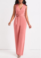 Tie Belted Dusty Pink Long V Neck Jumpsuit