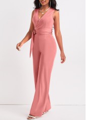 Tie Belted Dusty Pink Long V Neck Jumpsuit