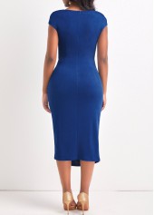 Blue Draped Neck Short Sleeve Twist Bodycon Dress