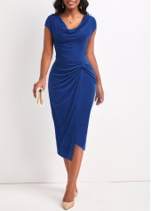 Blue Draped Neck Short Sleeve Twist Bodycon Dress