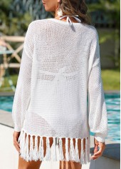 Long Sleeve Tassel White Cover Up