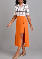 Plaid Asymmetry Orange Shirt Collar Dress