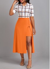 Plaid Asymmetry Orange Shirt Collar Dress