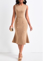 Double Breasted Round Neck Light Camel Bodycon Dress