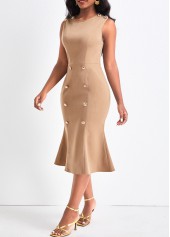 Double Breasted Round Neck Light Camel Bodycon Dress