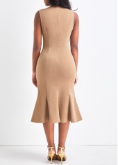 Double Breasted Round Neck Light Camel Bodycon Dress