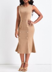 Double Breasted Round Neck Light Camel Bodycon Dress