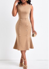 Double Breasted Round Neck Light Camel Bodycon Dress