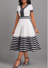 Striped Patchwork White V Neck Short Sleeve Dress