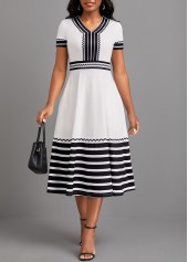 Striped Patchwork White V Neck Short Sleeve Dress