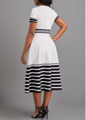 Striped Patchwork White V Neck Short Sleeve Dress