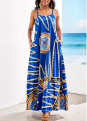 Leaf Print Pocket Royal Blue Maxi Dress
