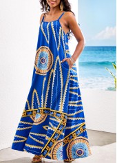 Leaf Print Pocket Royal Blue Maxi Dress