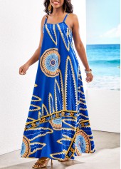 Leaf Print Pocket Royal Blue Maxi Dress