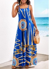 Leaf Print Pocket Royal Blue Maxi Dress