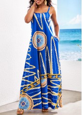 Leaf Print Pocket Royal Blue Maxi Dress