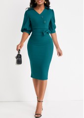 Peacock Blue Turn Down Collar Bodycon Dress