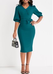 Peacock Blue Turn Down Collar Bodycon Dress