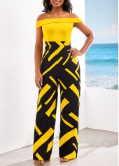 Geometric Print Patchwork Yellow Off Shoulder Jumpsuit