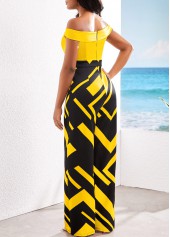 Geometric Print Patchwork Yellow Off Shoulder Jumpsuit