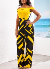 Geometric Print Patchwork Yellow Off Shoulder Jumpsuit