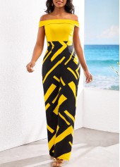 Geometric Print Patchwork Yellow Off Shoulder Jumpsuit