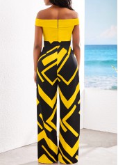 Geometric Print Patchwork Yellow Off Shoulder Jumpsuit