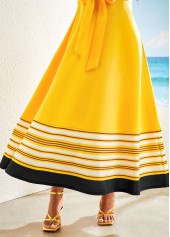 Striped Patchwork Belted Yellow V Neck Maxi Dress