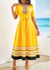 Striped Patchwork Belted Yellow V Neck Maxi Dress