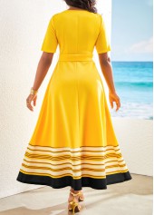 Striped Patchwork Belted Yellow V Neck Maxi Dress