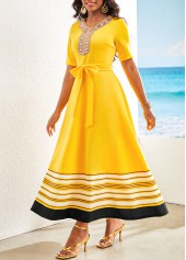 Striped Patchwork Belted Yellow V Neck Maxi Dress
