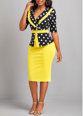 Polka Dot Patchwork Yellow V Neck Bodycon Dress