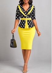 Polka Dot Patchwork Yellow V Neck Bodycon Dress