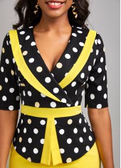 Polka Dot Patchwork Yellow V Neck Bodycon Dress