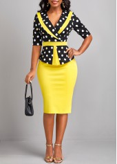 Polka Dot Patchwork Yellow V Neck Bodycon Dress
